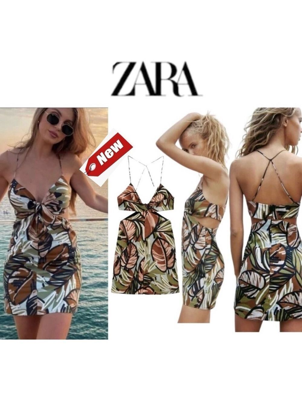 Zara Green brown tropical leaf print cut out spaghetti strap short mini dress S